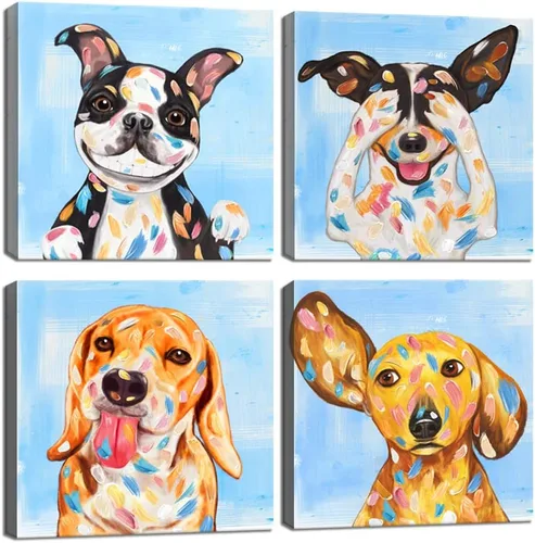 KLVOS Obra de arte abstracta de cachorros, pintura de perros, imágenes divertidas de animales, decoración de pared, impresión en lienzo, galería