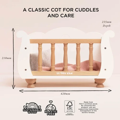 Miniatura 8 de Le Toy Van - Juguete educativo de madera, juego de rol, hermosa cuna y cuna de muñeca de trineo Juego de cochecito de juguete para niñas de 3 años