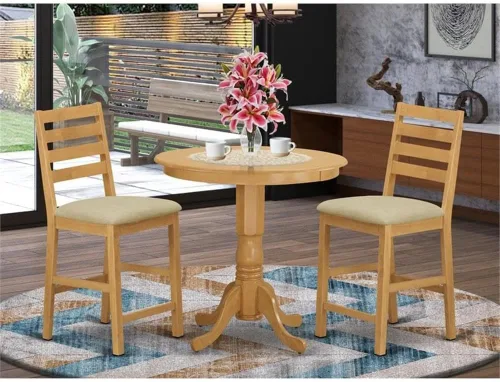 Miniatura 2 de East West Furniture JACF3-OAK-C - Juego de mesa de comedor de 3 piezas de altura de encimera de cocina contiene una mesa redonda de pub con pedestal