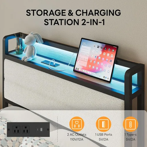 Miniatura 4 de LIKIMIO Base de cama individual con cabecera de almacenamiento y luces LED, plataforma de metal con estación de carga, sin ruido, no necesita