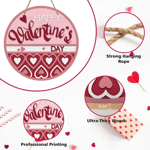 Miniatura 3 de Deroro Letrero de feliz día de San Valentín para decoración de puerta delantera, colgador de puerta de madera con corazones de amor rojo y rosa