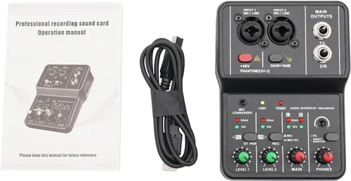 Miniatura 4 de Mezclador de audio de 2 canales, consola de mezcla, tablero de sonido, mezclador profesional USB, potencia de 48 V, alta precisión, resolución