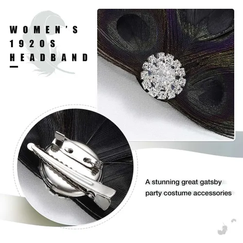 Miniatura 6 de GORTIN Diadema Art Deco con clip de plumas negras de los años 20 con diamantes de imitación de pavo real para mujeres, niñas, fiestas, bailes