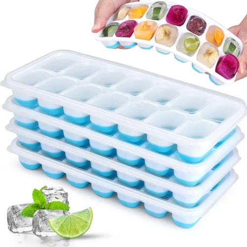 Miniatura 9 de Paquete de 4 bandejas para cubitos de hielo, fáciles de liberar y flexibles, bandejas de silicona para cubitos de hielo de 56 piezas con tapa