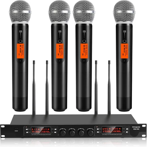 Miniatura 7 de Innopow Sistema de micrófonos inalámbricos de 200 canales, set de micrófonos inalámbricos de metal UHF dual, escaneo automático, largo alcance