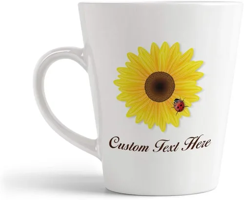 Taza de café con leche personalizada de cerámica Taza de girasol y mariquita Naturaleza Flores y plantas Taza de té 12 Oz Texto personalizado aquí
