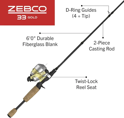 Miniatura 2 de Zebco Combo de 33 carretes Spincast y caña de pescar de 2 piezas, caña de fibra de vidrio con cómodo mango de corcho de agarre dividido, carrete