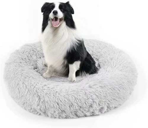 Miniatura 11 de Cama para perros, cama calmante para gatos, cama de felpa de piel sintética con forma de rosquilla para mascotas, cama redonda para perros y gatos