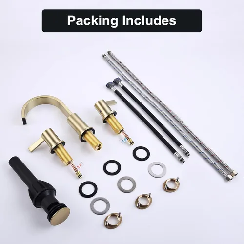 Miniatura 7 de TRUSTMI Grifo de baño dorado cepillado de 8 pulgadas, 3 agujeros, 2 manijas, latón con boquilla giratoria de 360 grados, drenaje de desbordamiento