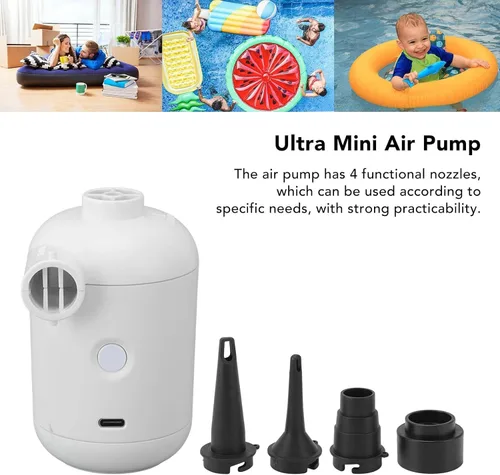 Miniatura 6 de Bomba de aire portátil para inflables con 4 boquillas, bomba pequeña de inflado rápido, mini bomba de aire eléctrica para bolsas de almacenamiento