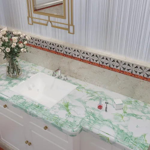 Miniatura 4 de CHIHUT Papel de contacto de mármol verde brillante extra ancho de 30 x 118 pulgadas, papel tapiz autoadhesivo para encimeras de baño, cocina, papel