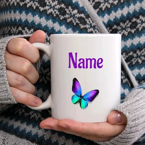 Miniatura 2 de Taza de café con nombre personalizado, mariposa morada (11 onzas)