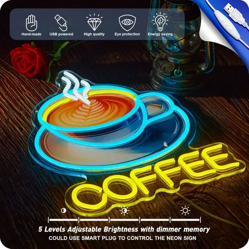 Miniatura 4 de Letrero de neón de café para negocios, alimentado por USB, regulable, para estación de bar y cafetería (16.5 x 12.6 pulgadas)