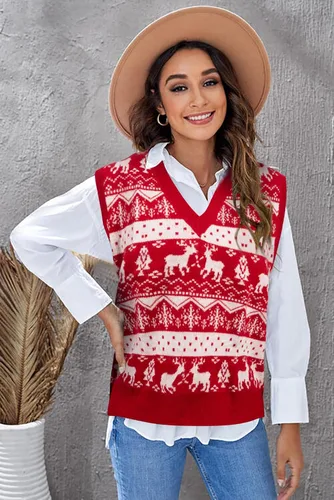 Miniatura 2 de JULYCLO Suéter de Navidad para mujer, suéter feo de Navidad, suéter de punto de reno, casual, Papá Noel, copo de nieve, cuello en V, sin mangas