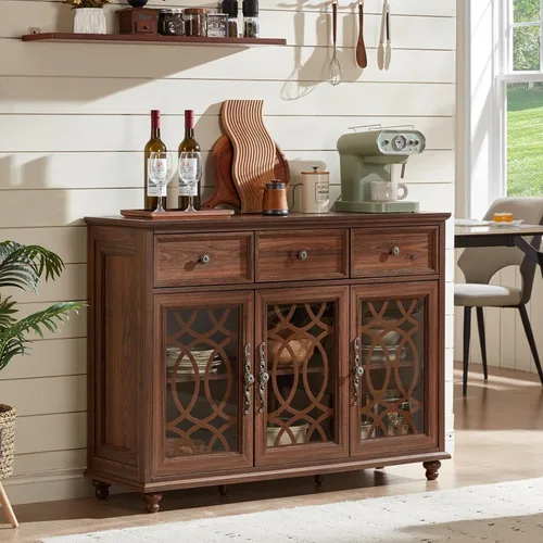 Miniatura 34 de Joaxswe Aparador de estilo rústico con almacenamiento, credenza grande de 59 pulgadas con 4 puertas de vidrio y 2 cajones, estantes ajustables, mesa