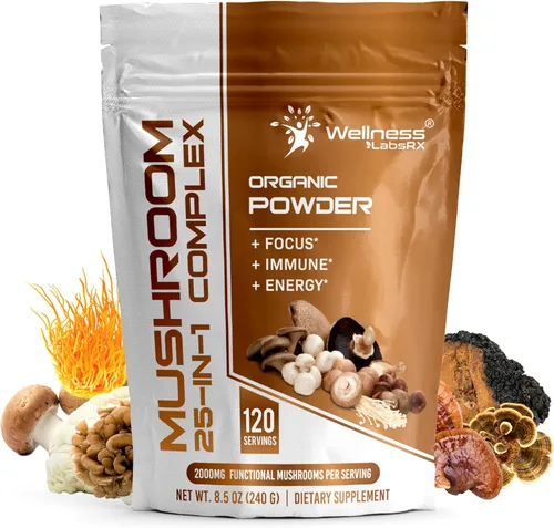 WELLNESS LABSRX Polvo de hongos, suplemento de hongos 25 en 1, 2000 mg, 25 superalimentos en polvo de melena de leones con chaga, shiitake,
