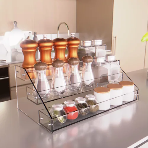 Miniatura 3 de Homakover Organizador de estantes de especias de acrílico de 3 niveles para la cocina, construcción robusta, ahorro de espacio, ideal