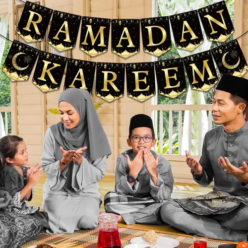 Miniatura 7 de Cartel de Ramadán Mubarak para decoración de fiesta, linterna de luna negra dorada y negra, banderines colgantes de Ramadán Kareem, suministros