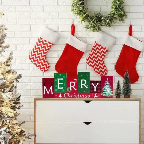 Miniatura 4 de Decoraciones de mesa de Navidad, centros de mesa de invierno de madera, Feliz Navidad, reversible, patrón de doble cara, letrero de pie para mesa