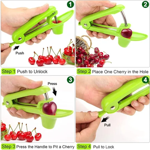 Miniatura 4 de Herramienta de descarador de cerezas, removedor de núcleo de semillas de cerezo resistente, herramienta removedor de deshuesador de cereza con Verde