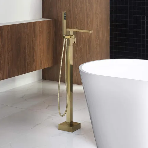 Miniatura 2 de WOODBRIDGE F0008BG - Grifo de llenado de bañera independiente de una sola manija contemporánea con ducha de mano en acabado dorado cepillado
