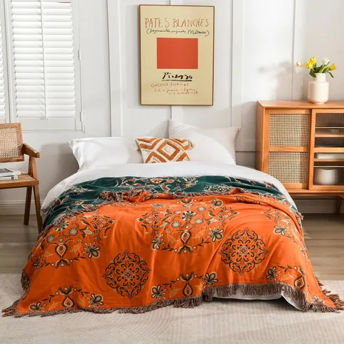 SahSahCasa Manta 100% algodón tamaño Queen, manta de muselina naranja para sofá, silla, sofá cama, manta reversible suave para exteriores e