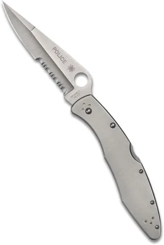 Spyderco Cuchillo de bolsillo plegable Police con hoja de acero VG-10 de 4.2" pulgadas y mango de acero inoxidable - Cuchillo EDC para hombres y