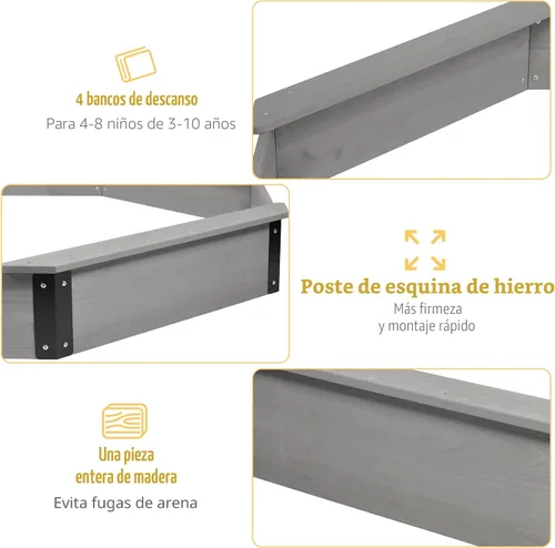 Miniatura 5 de Cajón de arena de 64"x56"x8.5" octogonal con cubierta para juegos al aire libre de niños, arenero grande de madera con 4 bancos, instalación rápida