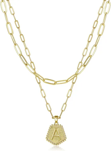 SAVORI Collares con iniciales en capas para mujer, chapado en oro de 14 quilates, delicado collar de cadena de clip en capas, lindo colgante de
