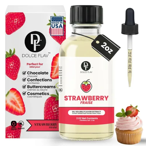 Dolce Flav Extracto de fresa – 2 onzas soluble en aceite, Kosher, sin azúcar, sabor concentrado de bayas para dulces, chocolates y postres, incluye