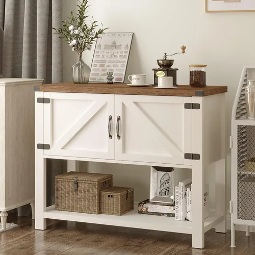 Miniatura 2 de 4ever2buy Gabinete de barra de café de granja, mesa de café blanca con almacenamiento, aparador de buffet con 2 puertas, armario decorativo