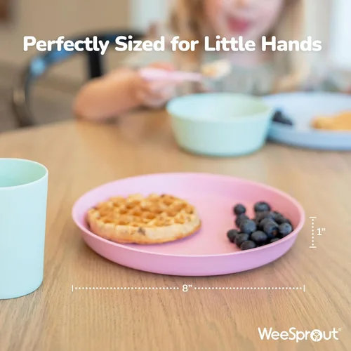 Miniatura 2 de WeeSprout Platos de bambú con tapas de silicona, juego de 4, vajilla de tamaño infantil, cereales, sobras y aperitivos, vajilla de melamina apta