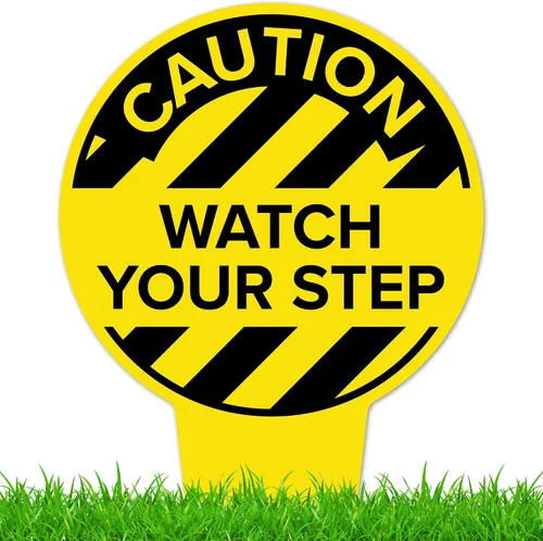 Caution Watch Your Step Letrero de 11 x 21 pulgadas, estacas integradas de alta resistencia, uso en interiores y exteriores, compuesto de aluminio