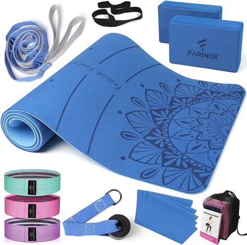 Esterilla de yoga de 1/3 pulgadas de grosor, juego de yoga para principiantes incluye esterilla de alta densidad con correa de múltiples asas, Azul