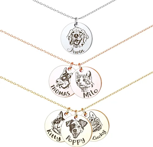 Anavia Collar personalizado de retrato de mascota, regalo de joyería conmemorativa hecho a mano, collar grabado con foto de disco redondo Oro rosa