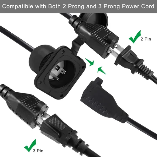 Miniatura 8 de Enchufe de Puerto de CA de 15A - Toma de Entrada de Alimentación de 125V con Cable de Extensión Triple de 18 Pulgadas, Enchufe NEMA 5-15 con Brida