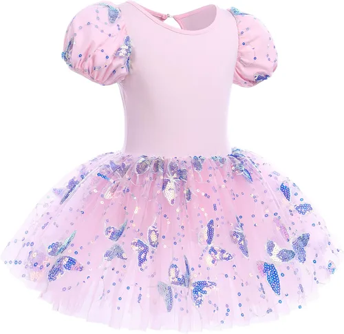 Miniatura 2 de Leotardos de ballet para niñas, 4 colores, mariposa, lentejuelas brillantes, vestido tutú de baile, manga abombada, ojo de cerradura en la espalda
