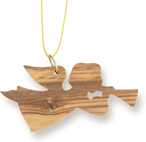 Adorno de Navidad de ángel con trompeta (horizontal), madera de olivo, decoraciones de temporada para árbol de Navidad, pequeños adornos navideños