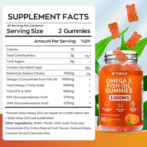 Miniatura 2 de Gomitas de aceite de pescado Omega 3, delicioso sabor a naranja, suplementos de gomitas de aceite de pescado para articulaciones, salud cardíaca