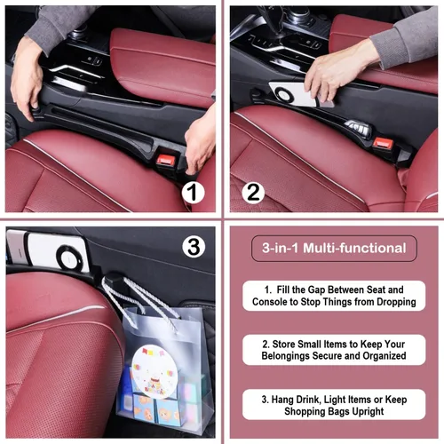 Miniatura 4 de Relleno de espacio para asiento de coche 2 unidades, organizador de espacio lateral para asiento de auto con ranura de almacenamiento y gancho