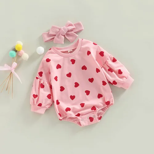 Miniatura 119 de SOLILOQUY Traje de manga larga con cuello redondo para el primer día de San Valentín para bebé niño y niña, mameluco de corazón de amor