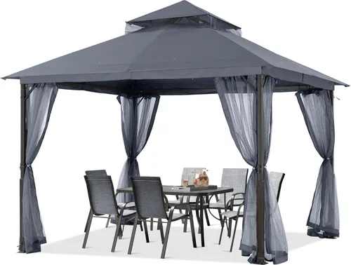 ABCCANOPY Gazebo para patio al aire libre, 11 x 11 pies, toldo de doble techo con mosquitera para patio trasero, terraza, jardín, césped, gris oscuro