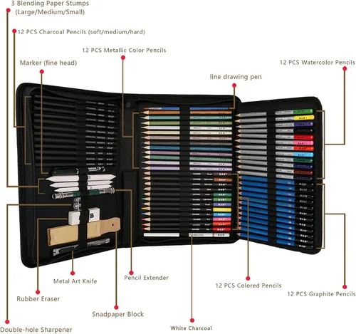 Miniatura 2 de H & B Juego de 72 piezas de suministros de dibujo y boceto, kit de arte incluye lápices de dibujo y de colores para adultos, artistas y niños.