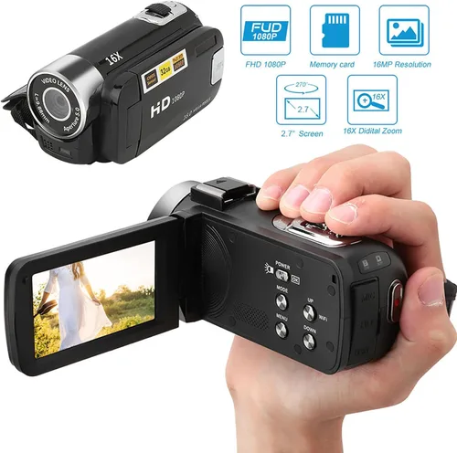 Miniatura 2 de Videocámara, cámara de video Full HD 1080P con cámara digital de 16 MP, pantalla LCD giratoria de 2.7 pulgadas, zoom digital 16X, videocámara