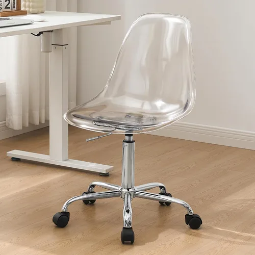 Miniatura 11 de Lessmore Silla de escritorio de acrílico transparente con cojín de piel sintética, silla ajustable de oficina en casa con ruedas, silla de tocador