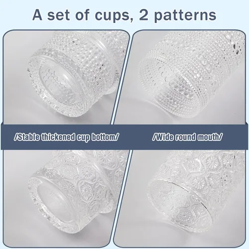 Miniatura 7 de Juego de 4 vasos para beber de 16 onzas, 2 vasos de clavo y 2 copas de agua en relieve, vasos vintage apilables con diseño de flores, vasos de 2