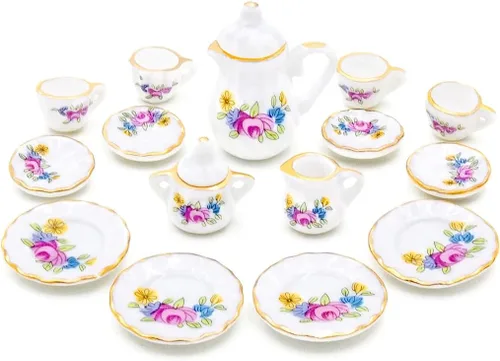 Miniatura 2 de Odoria Juego de té de porcelana en miniatura 1/12, 15 piezas, accesorios de decoración de casa de muñecas, flor rosa