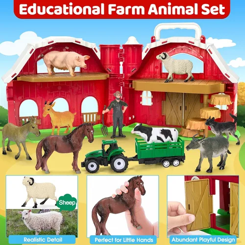 Miniatura 3 de Juguetes de animales de granja para niños de 1, 2, 3, 4 y 5 años, juego de granja grande de granero rojo con figuras de animales y juguete