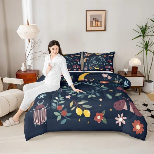Miniatura 32 de Juego de edredón de champiñones para niños, tamaño individual, juego de ropa de cama romántica con sol, luna, cielo estrellado y galaxia, decoración