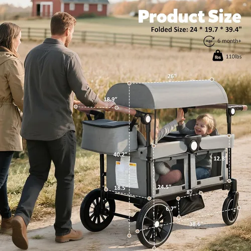 Miniatura 7 de TODEFULL Cochecito Wagon para 2 niños, carrito plegable para niños con arneses, mango doble ajustable de empuje, toldo extraíble, bandeja para Gris